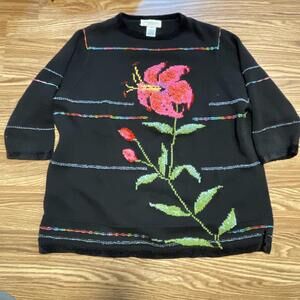 SUSAN BRISTOL Oversized Fit Slit Sides Sweater Floral Womens Plus 2W Hand Knit